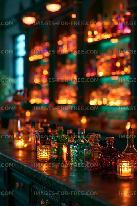 Colorful bottles and candles in a dimly lit bar setting