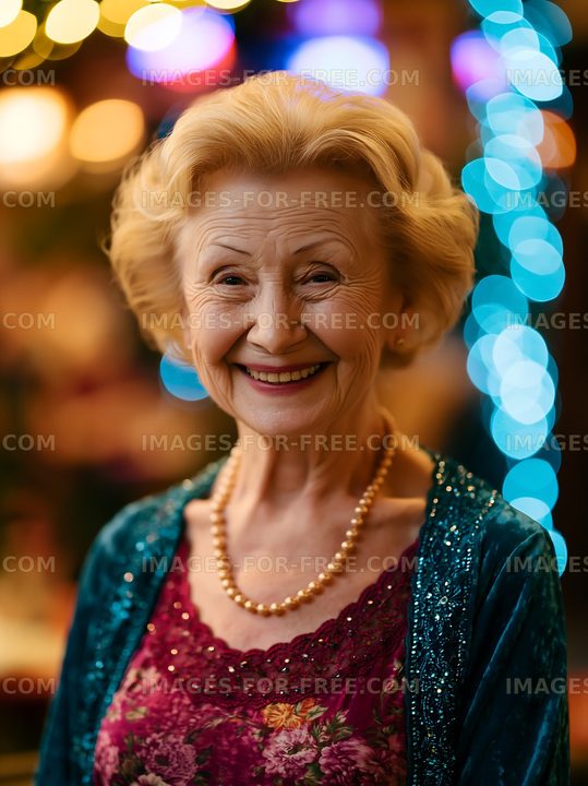 Smiling elderly woman with pearls in festive setting