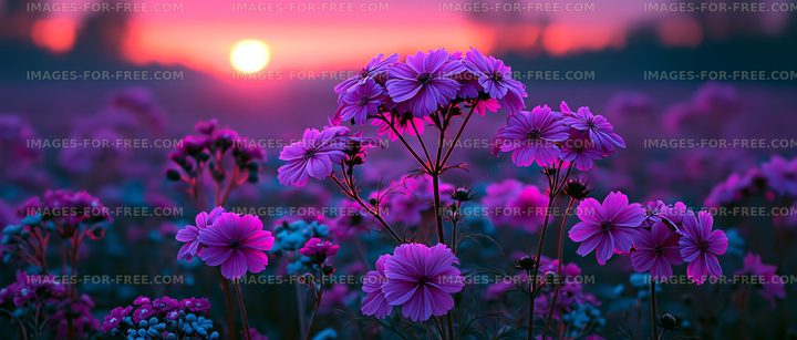 Vibrant flowers at sunset in a colorful field