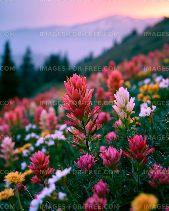 Wildflowers bloom in a mountain meadow at sunset