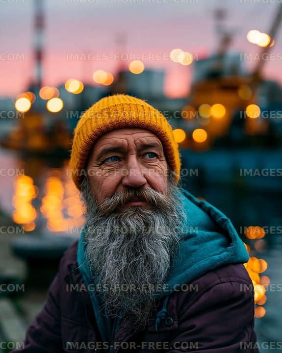 Man with yellow beanie at sunset by the harbor