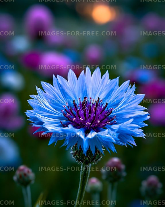 Bright blue flower in a colorful garden at sunset