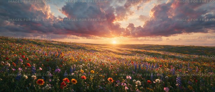 Colorful wildflower field at sunset