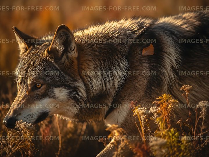 Wolf walking through tall grass in golden sunlight