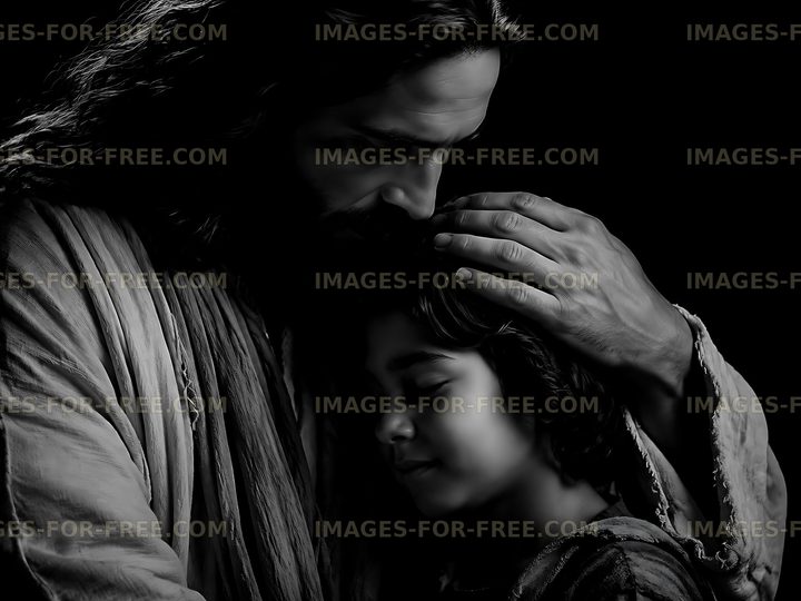 Embrace between a figure and a child in soft light