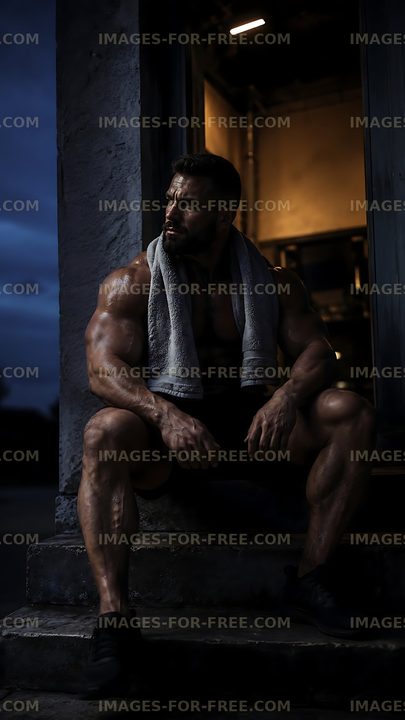Muscular man sitting on steps at dusk