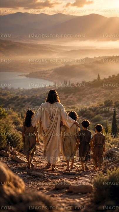 Jesus walking with children on a path during sunset