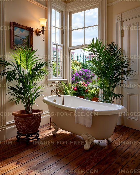 Bright bathroom with a freestanding bathtub and plants