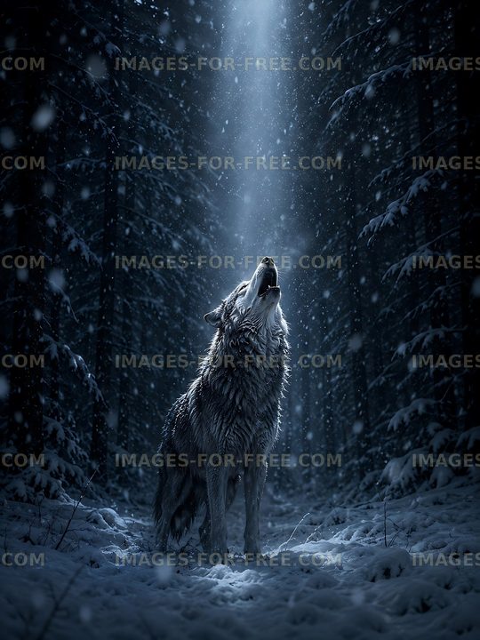 Wolf howling in snowy forest at night