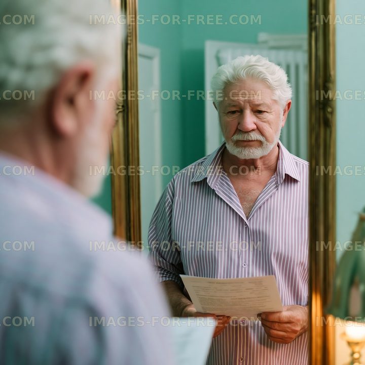 Elderly man reading document in front of mirror