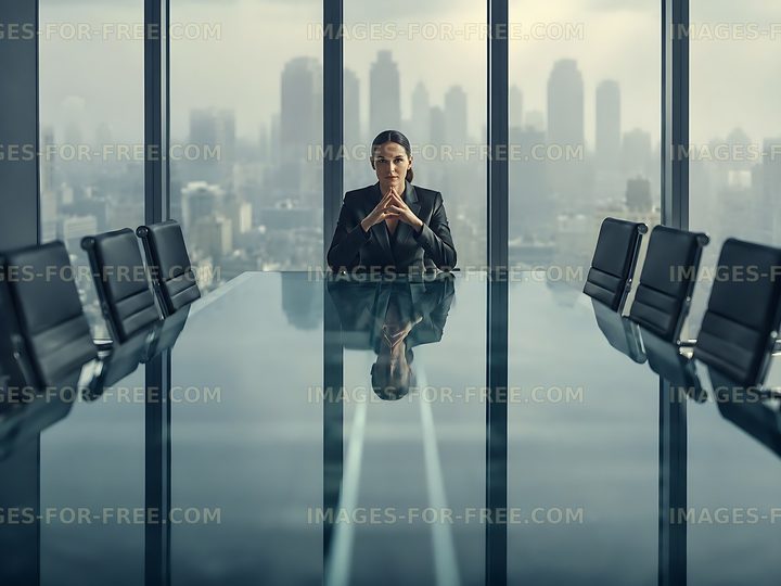 Businesswoman in meeting room with city skyline view