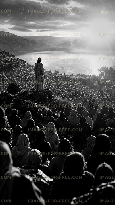 Crowd listening to a figure speaking near a lake