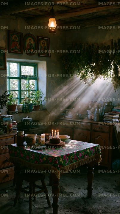 Cozy kitchen table with natural light and candles at dusk