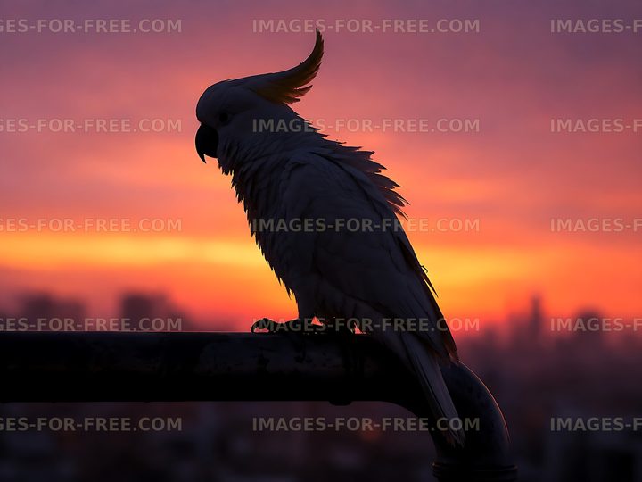 Cockatoo perched on railing during sunset