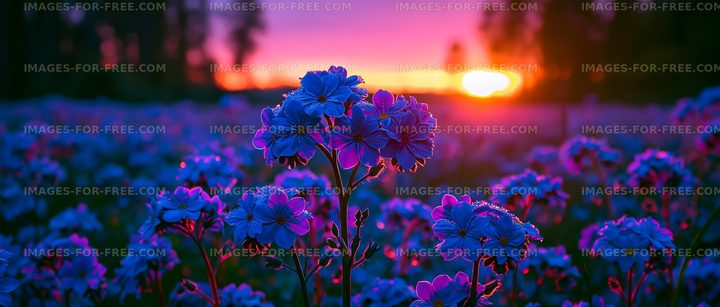Sunset over a field of blue flowers with colorful sky