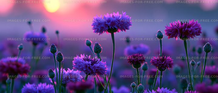 Bright flowers blooming at sunset in a vibrant landscape