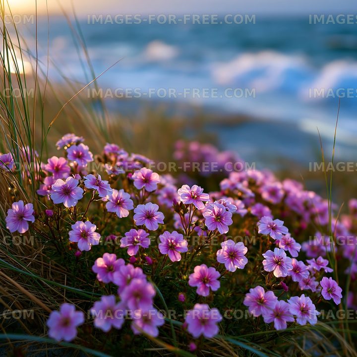 Flowers by the shore during sunset