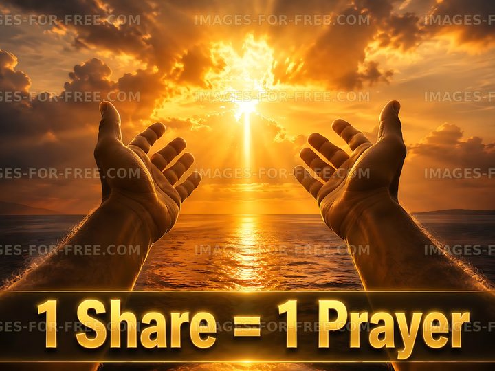 Hands reaching to the sky at sunset with a prayer message
