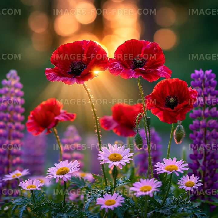 Colorful flower display with poppies and daisies at sunset