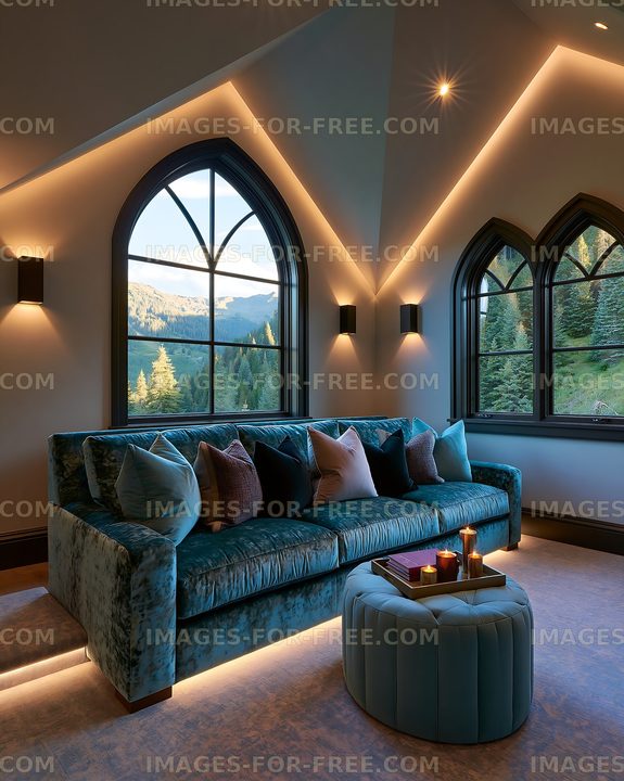 Cozy living room with view of mountains and trees