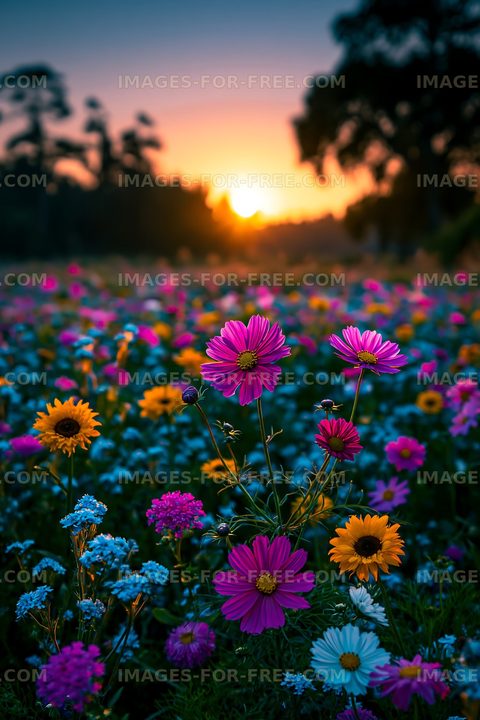 Colorful wildflowers bloom at sunset in a field