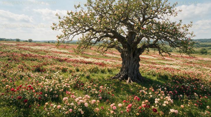 Blossoming landscape with tree and flower field in spring
