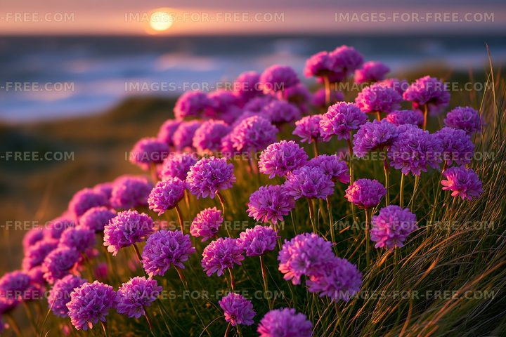 Bright flowers in the foreground during sunset by the sea