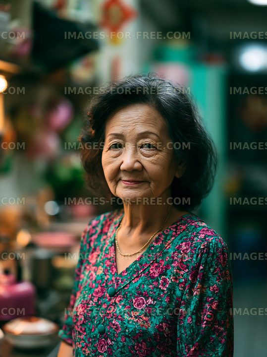 Elderly woman standing in a busy market stall