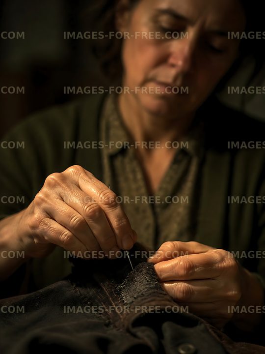 Woman sewing fabric with needle and thread