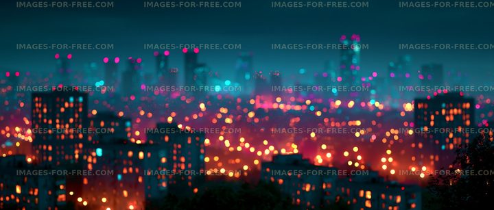 Night cityscape with colorful lights and blurred buildings