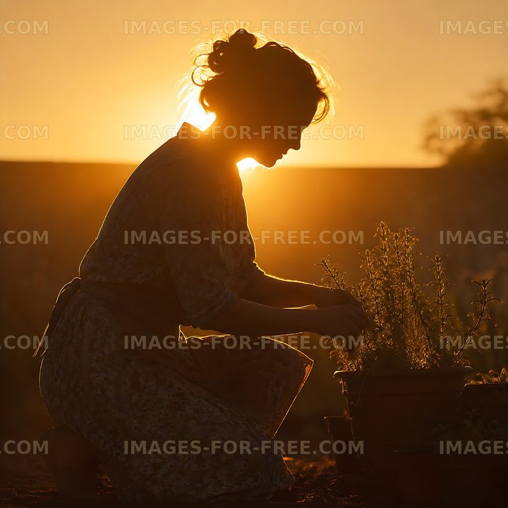 Woman gardening at sunset in a silhouette