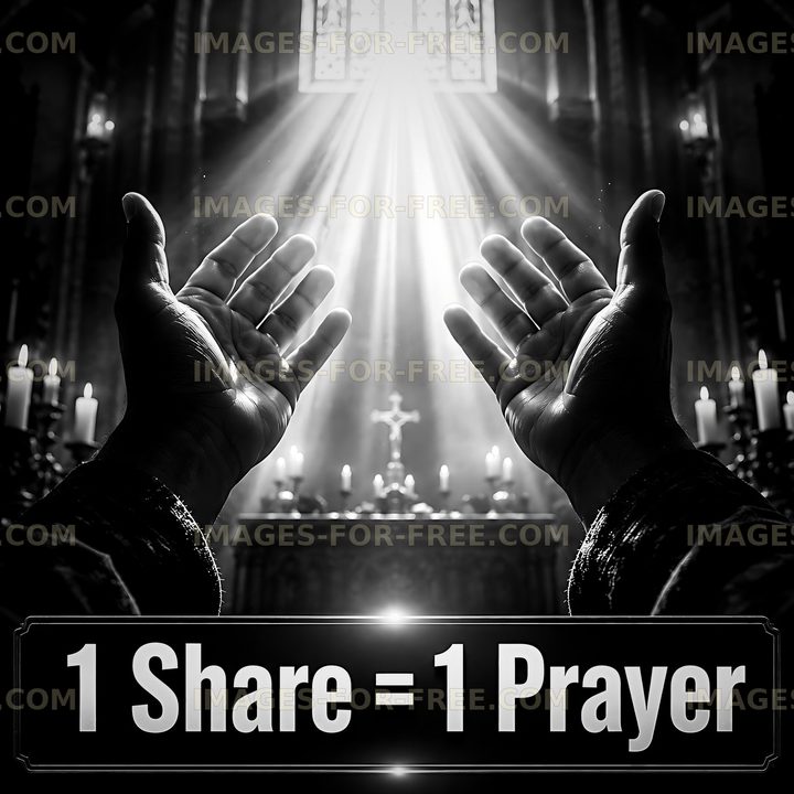 Hands raised in prayer with light streaming through church windows