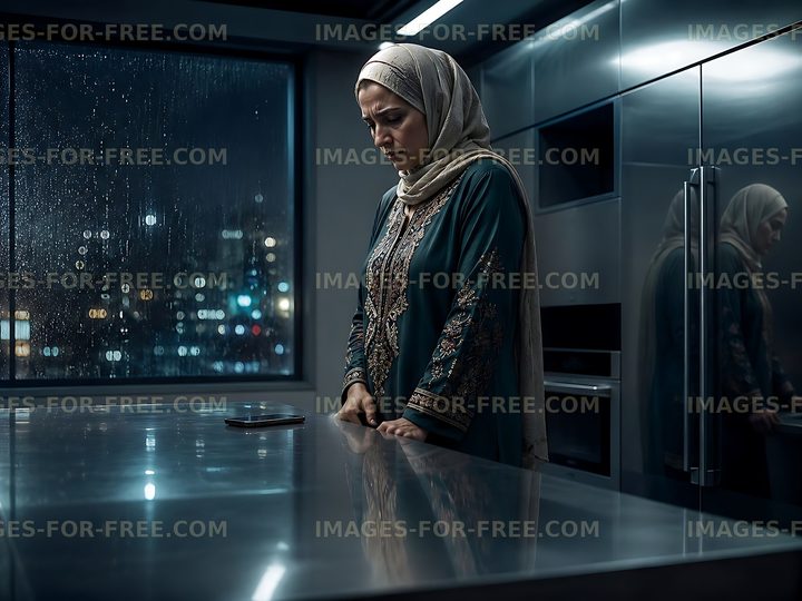 Woman in traditional dress stands in modern kitchen at night