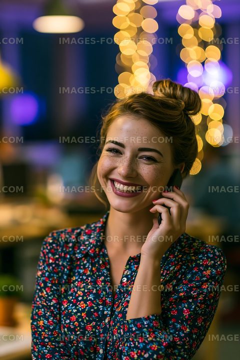 Woman smiling on the phone with warm lights in background