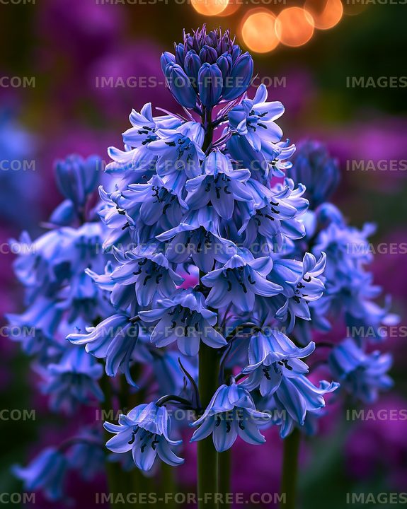 Purple flowers bloom in garden under soft evening light