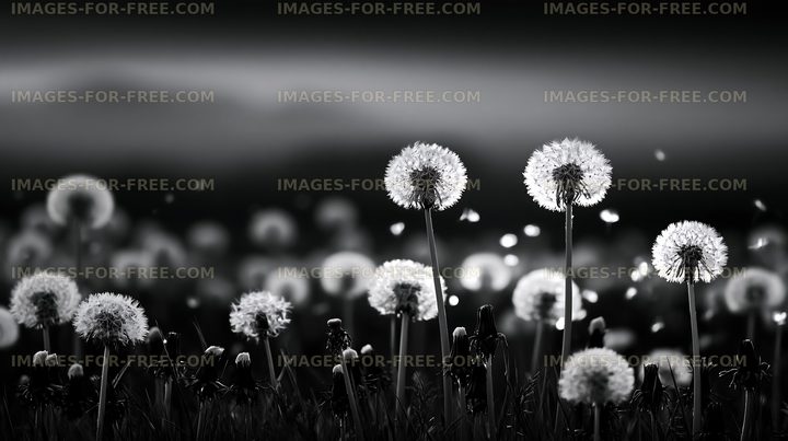 Dandelion field with white flowers in black and white setting