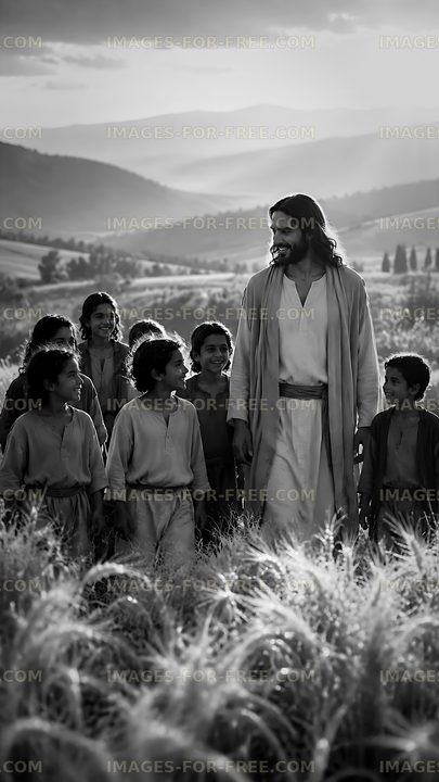 Jesus walks among children in a field