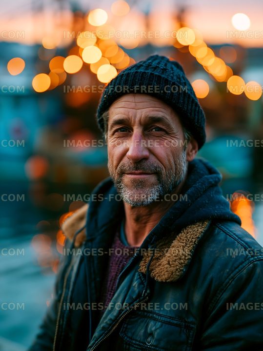 Man in warm clothing standing near water during twilight