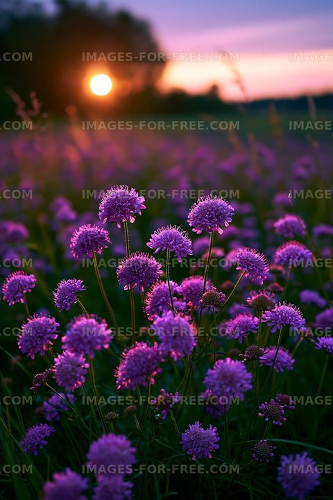 Purple flowers bloom at sunset in a field