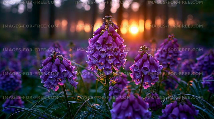 Wildflowers bloom at sunset in a forest clearing