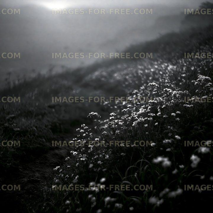 Flowers on a misty slope at dawn