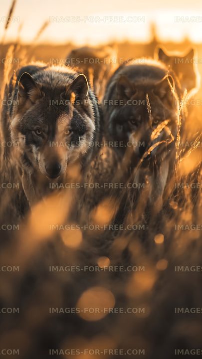 Wolves walking through tall grass at sunset
