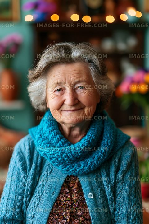 Smiling elderly woman sitting indoors with colorful decor