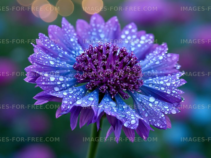 Purple flower with dew drops in a garden setting