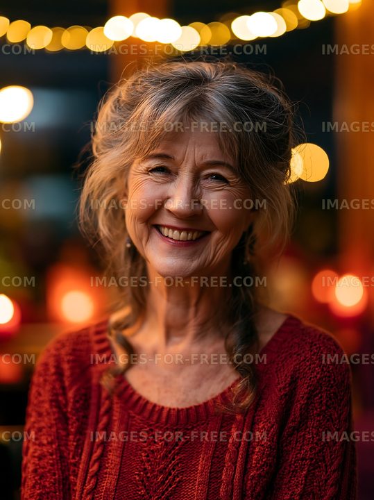 Smiling woman in a cozy setting with warm lights