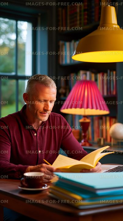 Man reading yellow book at home with warm lights