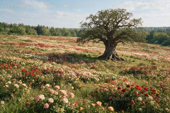 Field of roses with a lone tree under blue sky