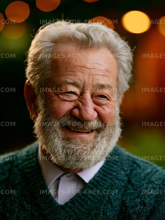Smiling elderly man with white beard and green sweater