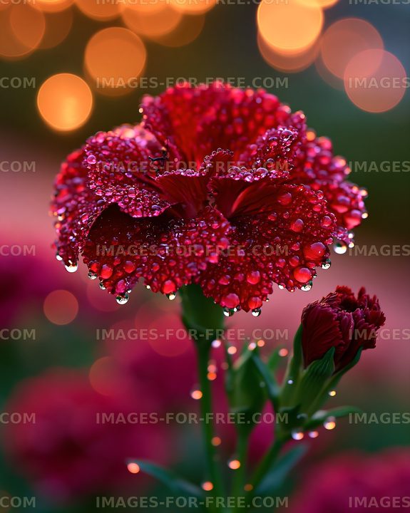 Red carnation with water droplets in a garden setting