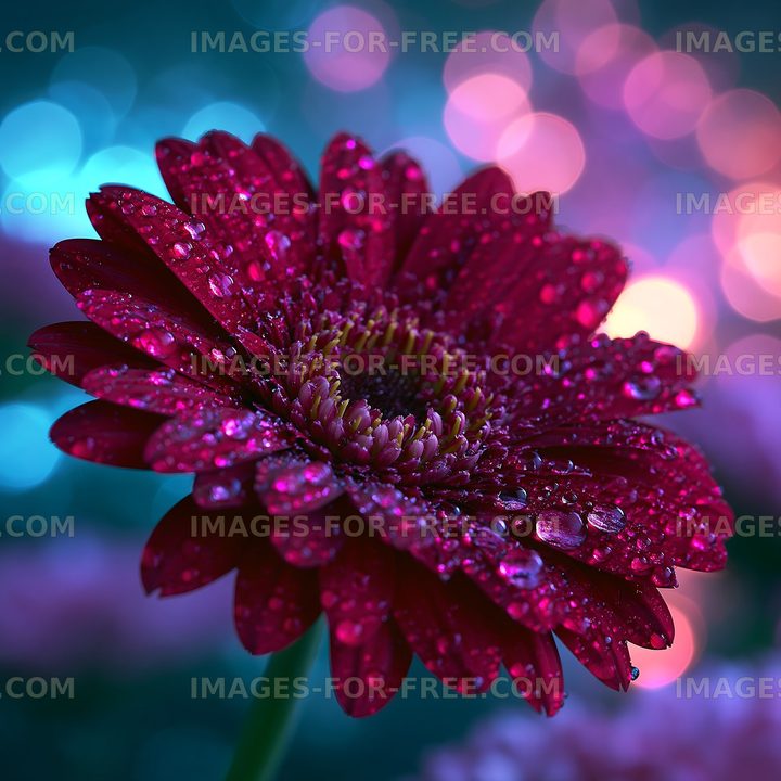 Red flower with droplets against blurred colorful background